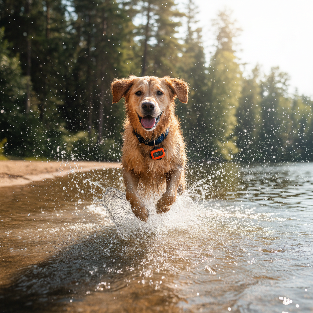 Dog splashing in water with waterproof GPS tracker collar