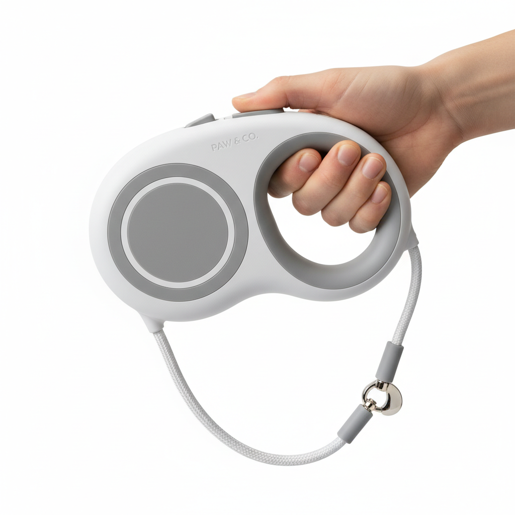 Hand holding retractable ring leash close-up