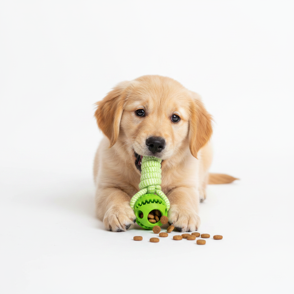 Puppy chewing green rubber treat ball with hemp rope