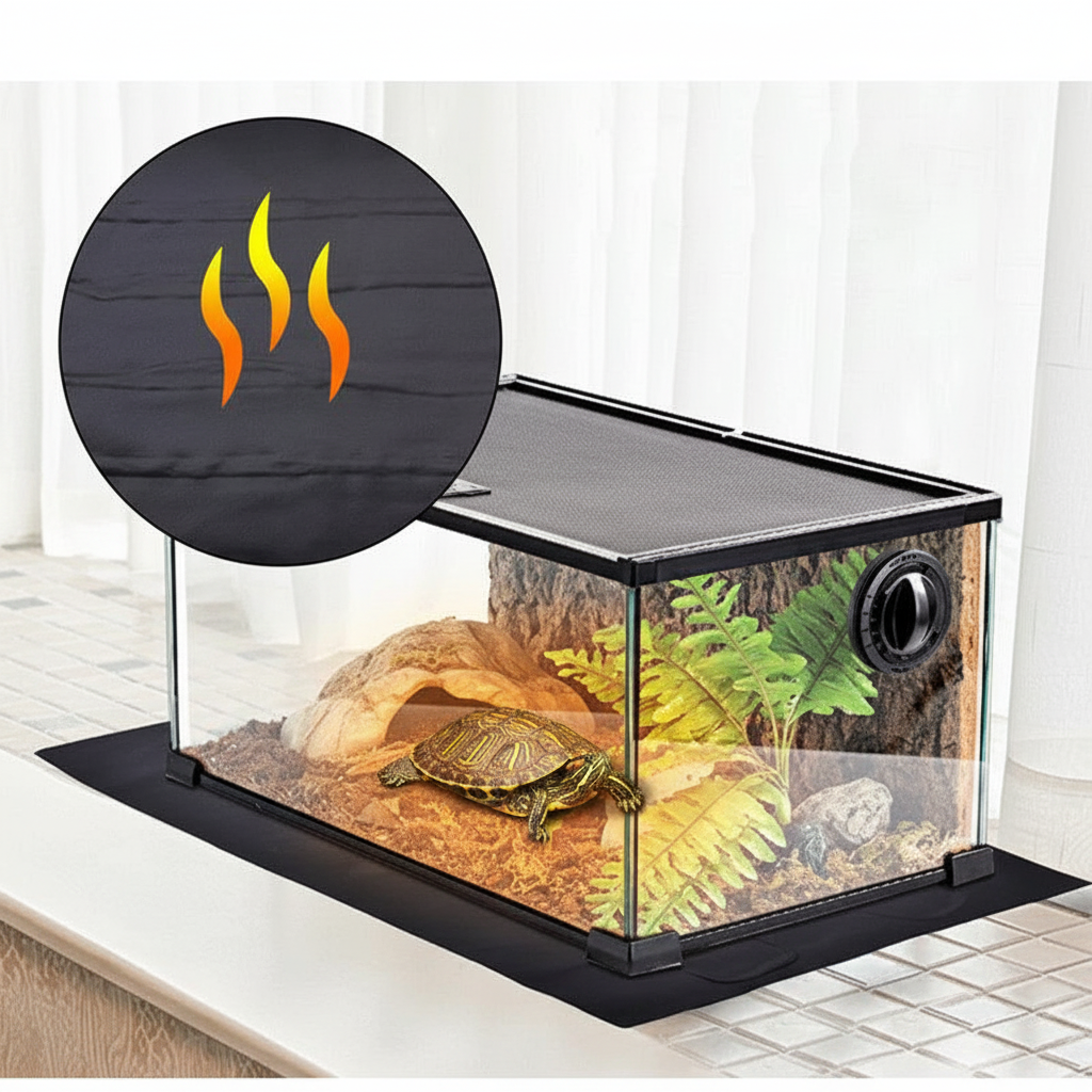 Turtle basking on black reptile heating pad under glass tank