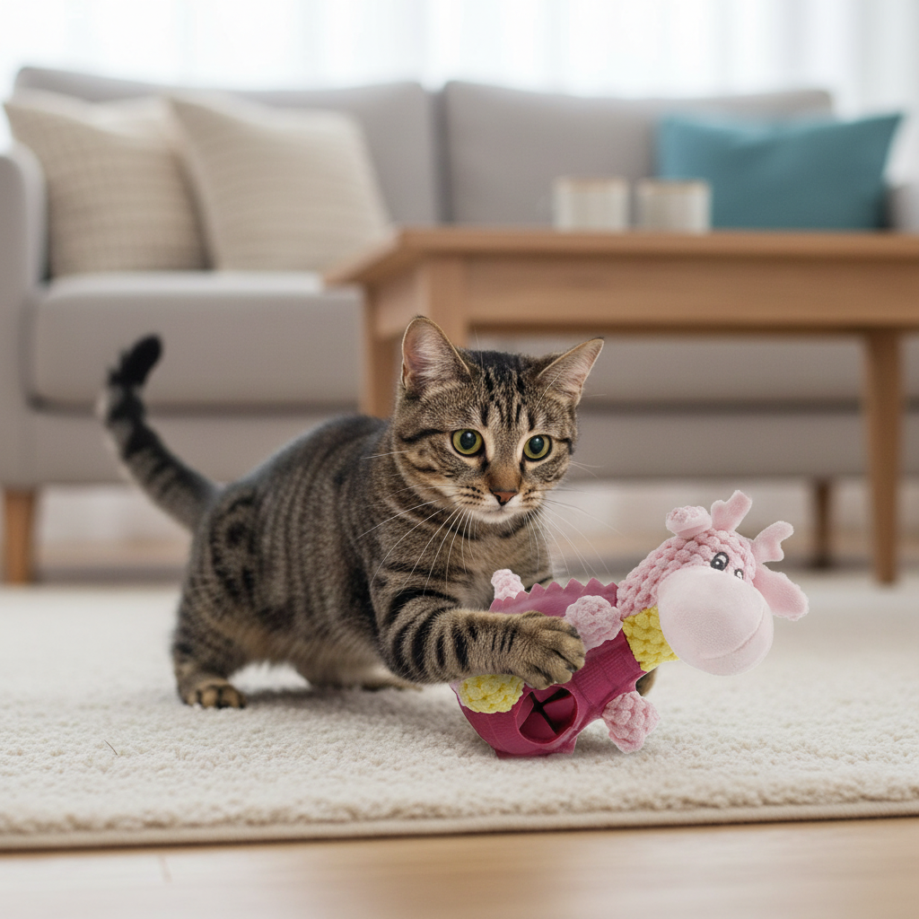 Cat batting and playing with a pink plush giraffe rubber toy