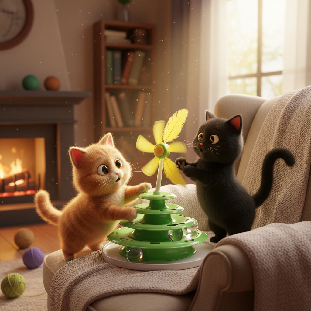 Two cats playing with green windmill turntable toy together