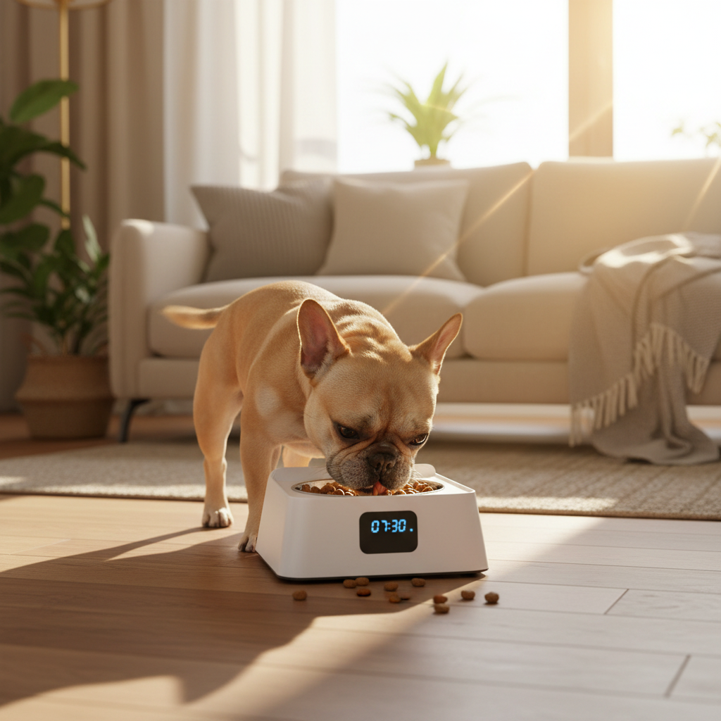 French Bulldog eating from Pet Automatic Feeder