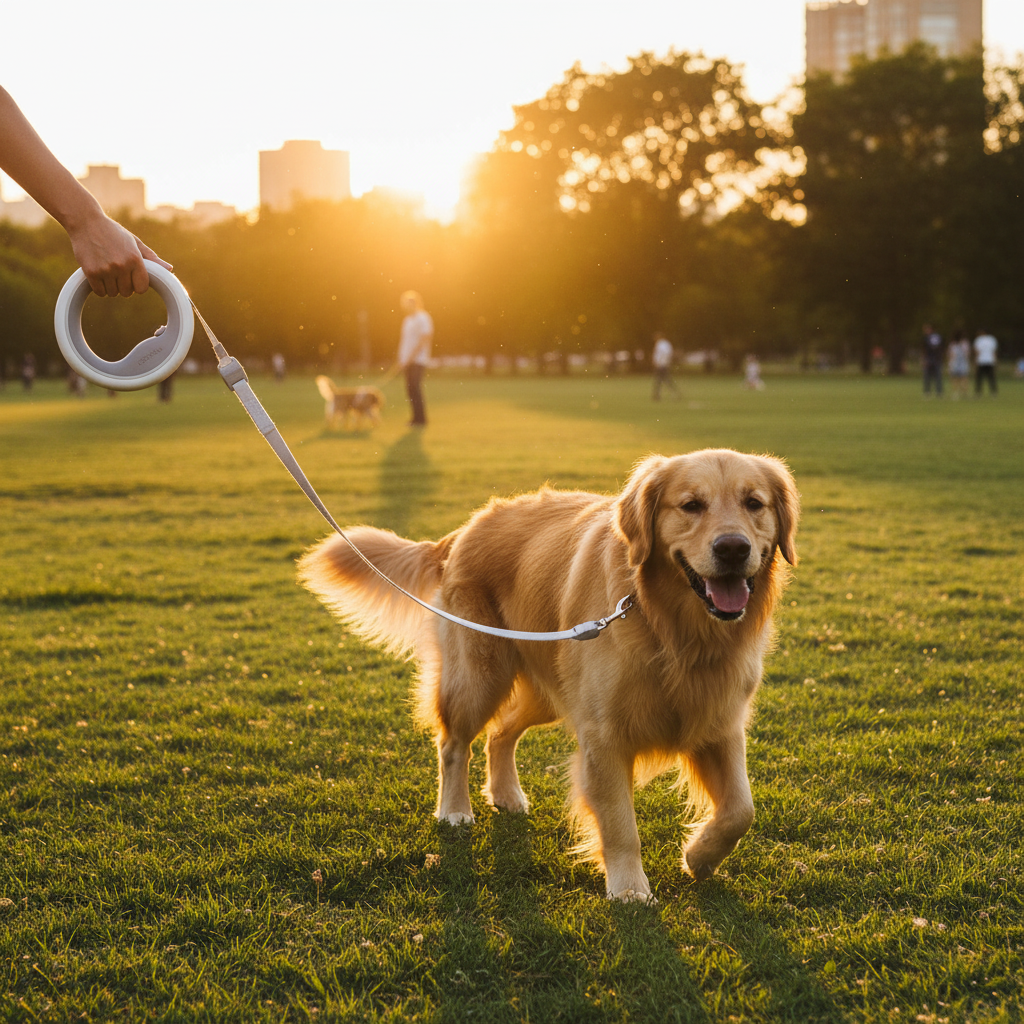 Golden retriever on sunset walk with retractable ring leash