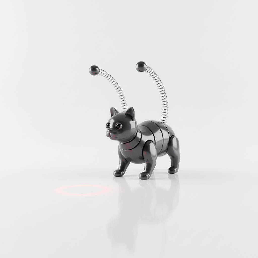 3D render of grey robot cat toy auto-steering with laser dot