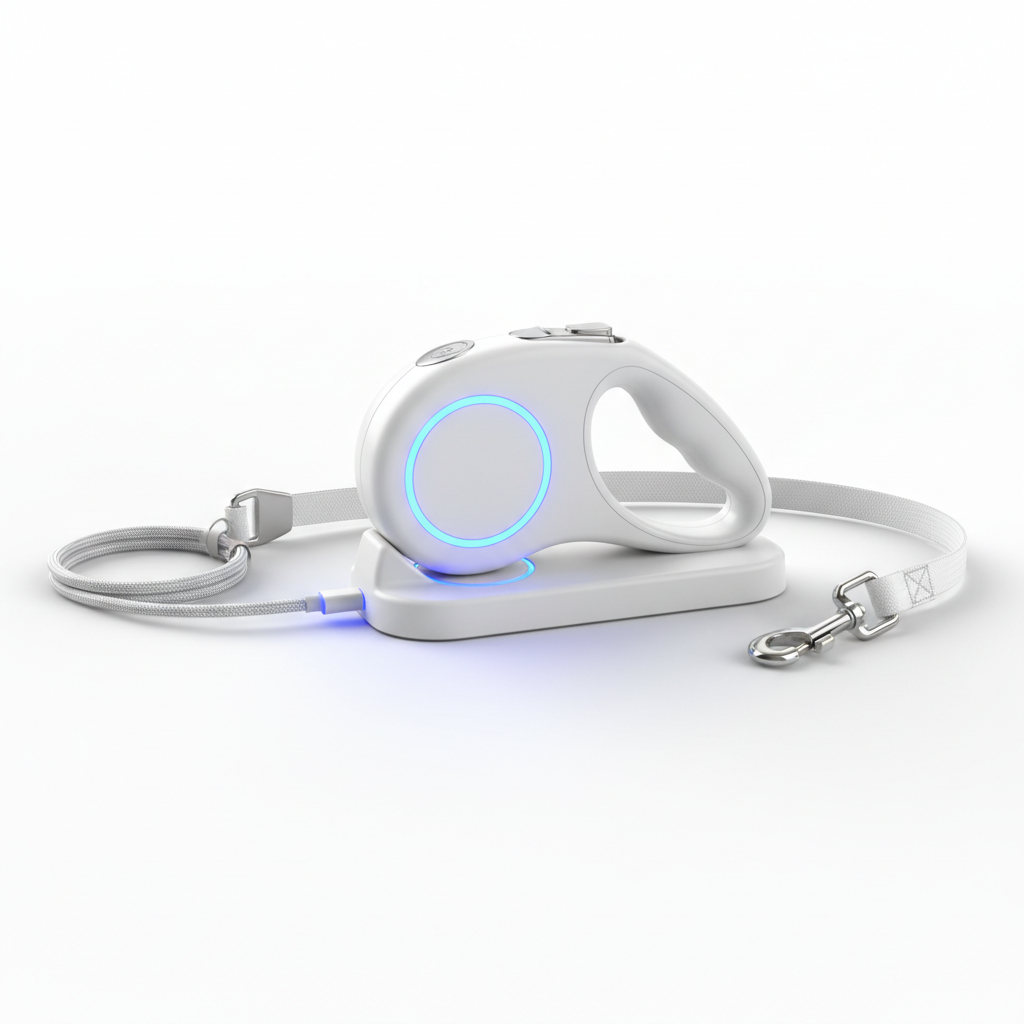 White retractable leash on charging dock with blue LED glow