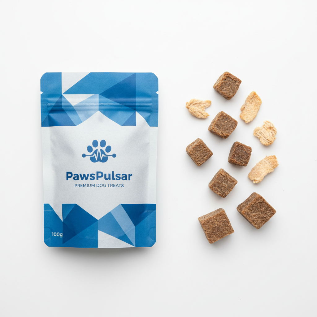 Dog treats packaging flat lay with beef and chicken cubes