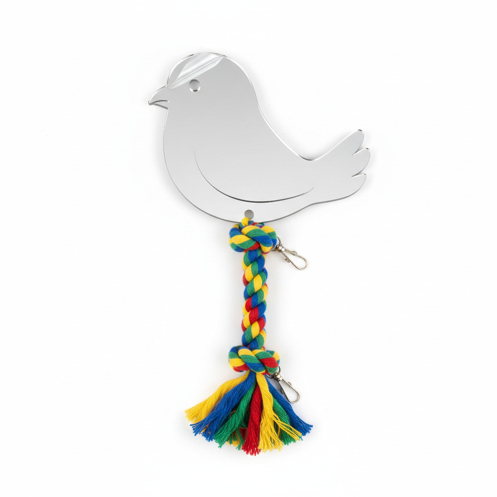 Acrylic bird mirror toy product flat lay