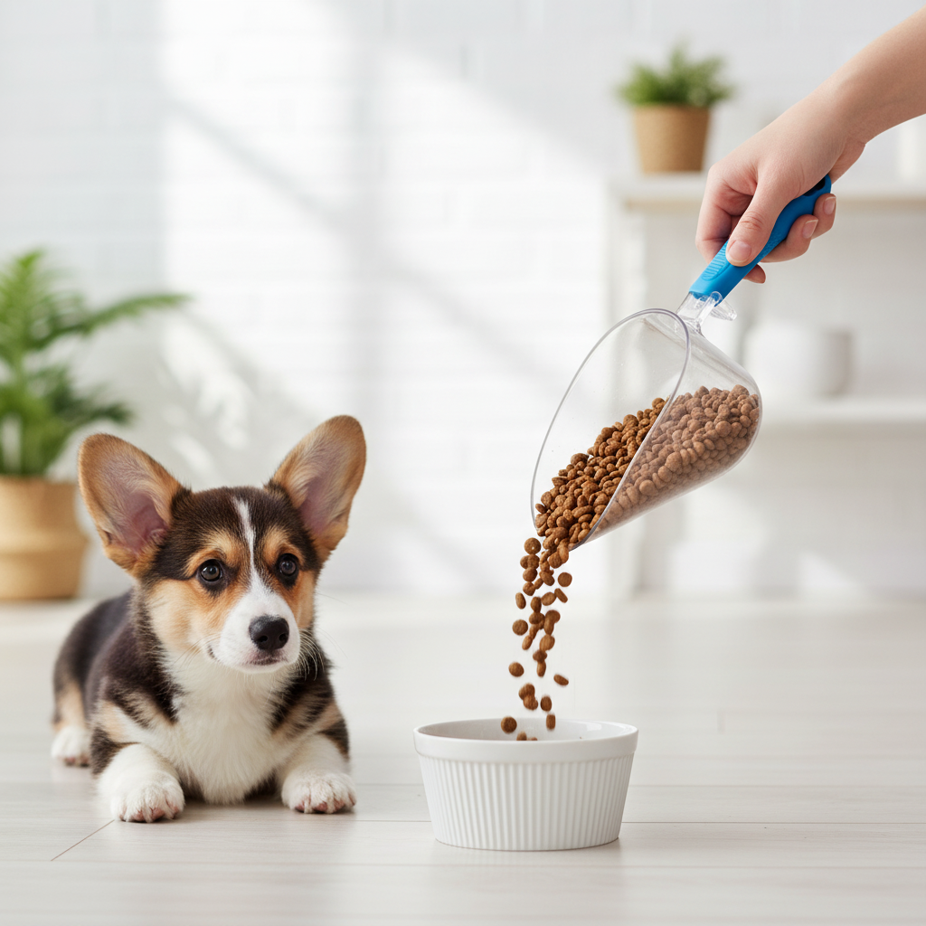 Corgi puppy watching kibble pour into bowl using transparent scale bag clip