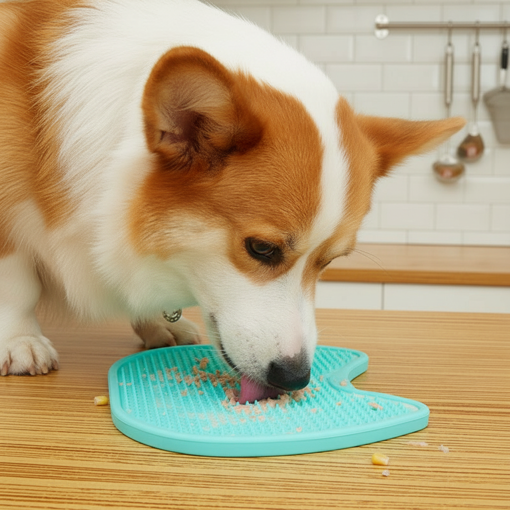 Small fluffy dog eating wet food slowly from a teal silicone lick mat