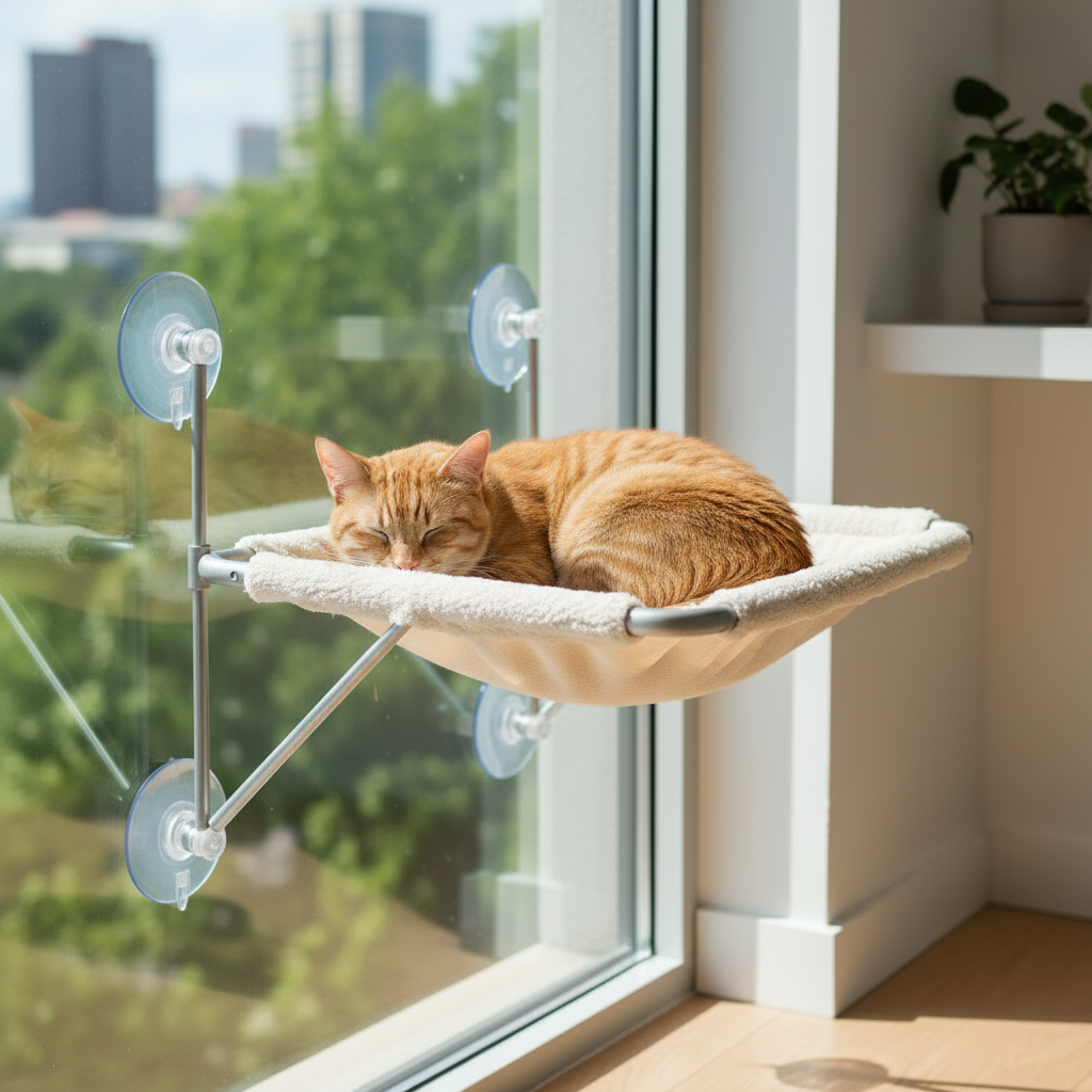 Orange tabby sleeping on perch